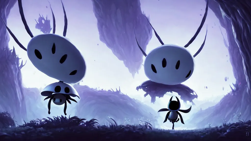 Prompt: hollow knight, press x to jump to another plataform, studio ghibli, pixar and disney animation, sharp, rendered in unreal engine 5, highly detailed, digital painting, artstation, smooth, sharp focus, illustration, wide angle, wallpaper, splash art, promo art, dramatic lighting, art by artgerm and greg rutkowski and bo chen and jin xiaodi