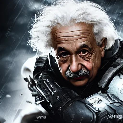 Image similar to 'Albert Einstein'! as Batman in Gears of War, splash art, movie still, detailed face, cinematic lighting, dramatic, octane render, long lens, shallow depth of field, bokeh, anamorphic lens flare, 8k, hyper detailed, 35mm film grain