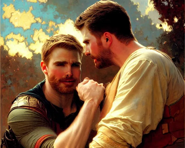 Image similar to stephen amell comforting chris evans, painting by gaston bussiere, craig mullins, j. c. leyendecker