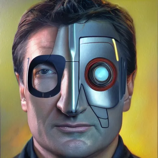 Image similar to a realistic oil painting of nathan fillion as a cybernetic cyborg, surrealism portrait, surrealism album cover