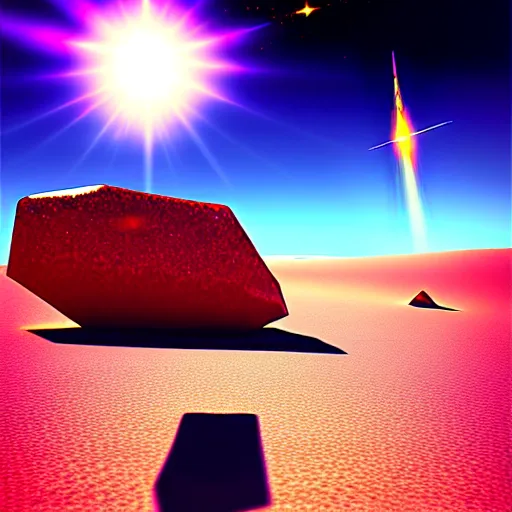 Image similar to poster big crystal in the desert, reflection from the crystal is sparkling due to sun, small starship near, futuristic, hi-tech details, style jean giraud, hyperdetailed, cinematic, unreal engine