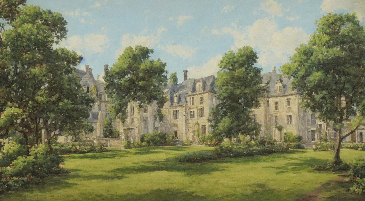 Image similar to a landscape painting of a French manor, with a square and garden, in the style of anime