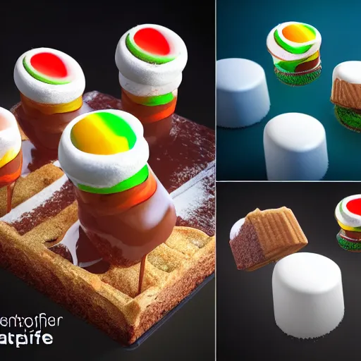 Image similar to a jello chocolate candy lollipop snickers bar icecream cake muffin jaffa marshmallow nougat waffle candy gummy jelly sandwich, volumetric lighting, octane render, unreal engine, 8k, hd food photography, highly detailed, stroopwaffel