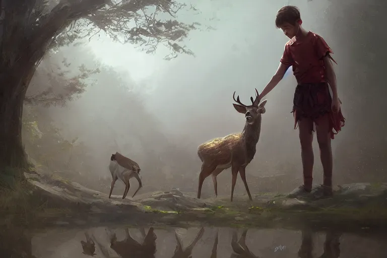 Image similar to a boy meeting a deer god, by WLOP on artstation,