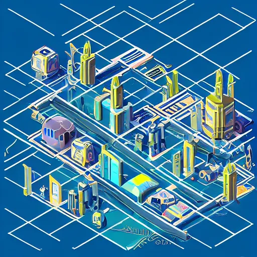 Image similar to isometric view of a mechanical glitch art city, scifi futuristic,