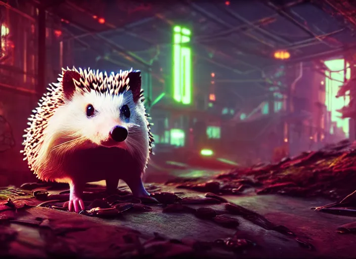 Image similar to portrait of a billy butcher hedgehog, on the background of a weird magical mechanical forest. Very detailed 8k. Fantasy cyberpunk horror. Sharp. Cinematic post-processing. Unreal engine. Nanite. Ray tracing. Parallax. Tessellation