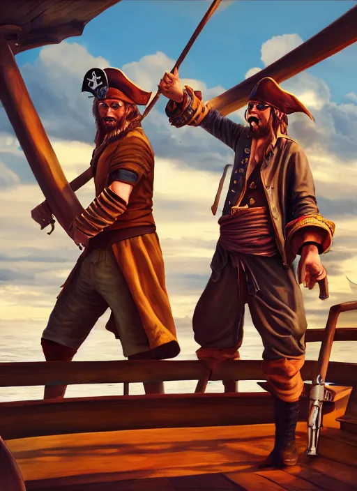 Prompt: an epic fantasy comic book style portrait painting of two bumbling idiot one - piece pirates on the deck of a skyship looking at a chest, unreal 5, daz, hyperrealistic, octane render, cosplay, rpg portrait, dynamic lighting, very detailed faces