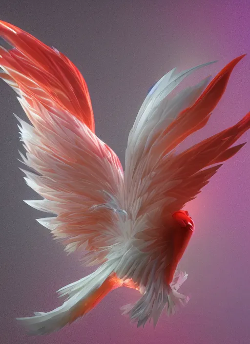 Image similar to white phoenix orange pink salt crystals sharp detail 3d render simple background sharp contrast feathers graphic design fai khadra gaika style