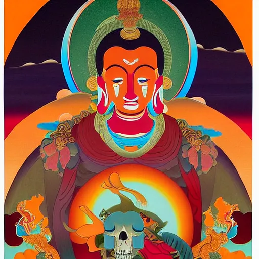 Prompt: thangka by kilian eng, by nele zirnite stormy. a painting of a man, with an animal skull for a head, & a large bird perched on his shoulder. the man is looking up at the bird with a fierce expression, & the bird is looking back at him with an equally intense gaze.