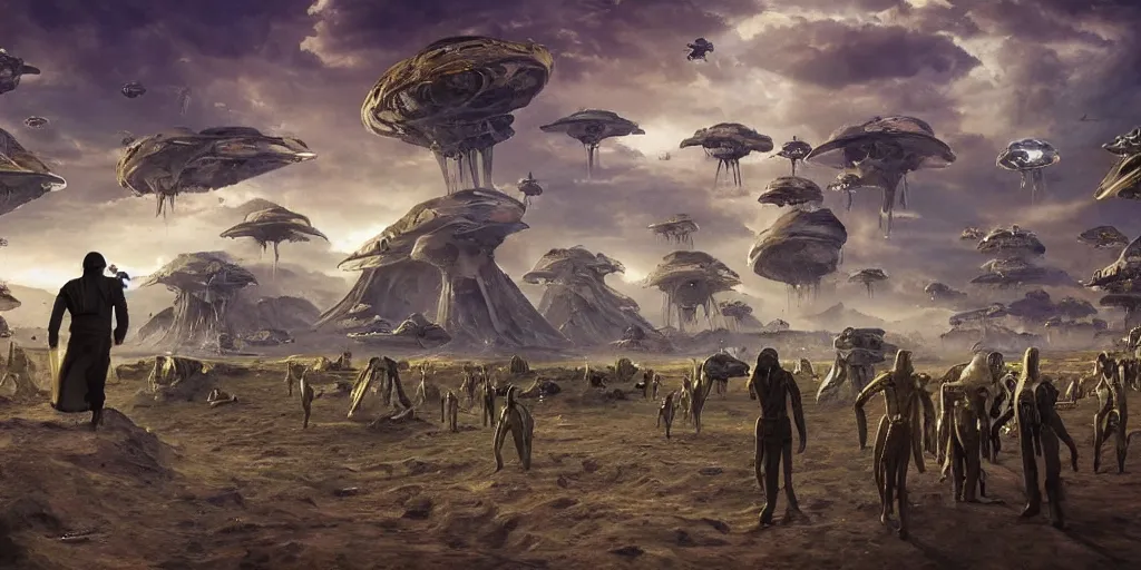 Prompt: surreal landscape bizarre parade deep perspective small biomorphic creatures in background large disturbing humanoid in the foreground perfect composition golden ratio epic scene unreal render hyperrealistic detail Star Wars