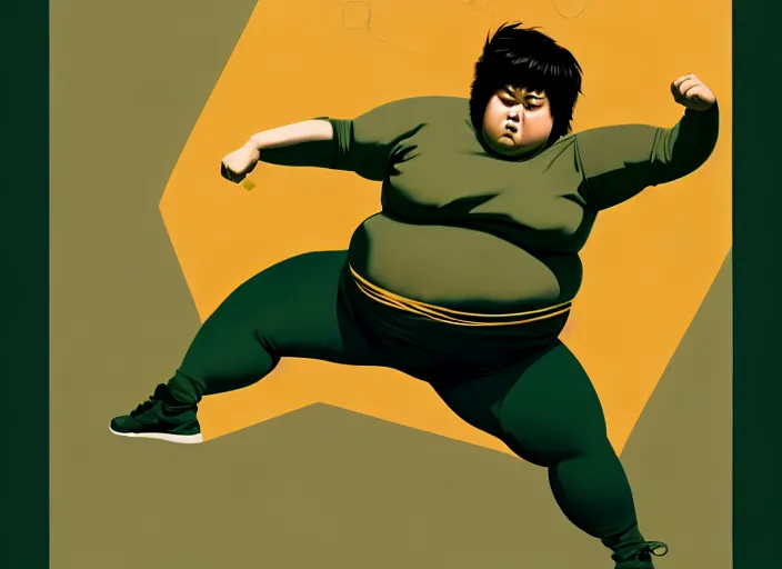 Image similar to duotone olive green gray illustration 3 / 4 portrait of fat woman fighting bruce lee style. dynamic chaotic composition random golden renaissance proportion. author sachin teng and sergei wheelsov and ruan jia and heng z. graffiti art, scifi, sci - fi, hyper detail. octane rendering. concept art. trend on artstation