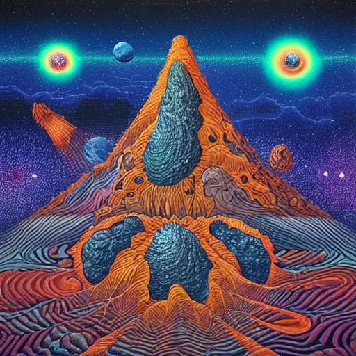 Image similar to geometric volcanoes melting into ocean forest cliffs in space by android jones, alex grey, chris dyer, aaron brooks,