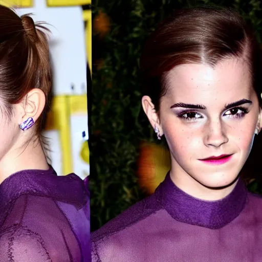 Image similar to Emma Watson with glowing purple eyes