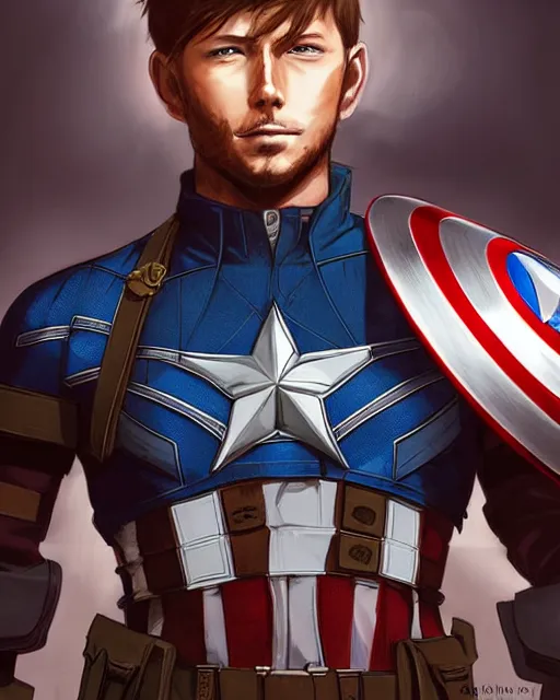 Prompt: an anime portrait of jensen ackles as a beautiful man wearing a captain america costume from skyrim, by stanley artgerm lau, wlop, rossdraws, james jean, andrei riabovitchev, marc simonetti, and sakimichan, trending on artstation