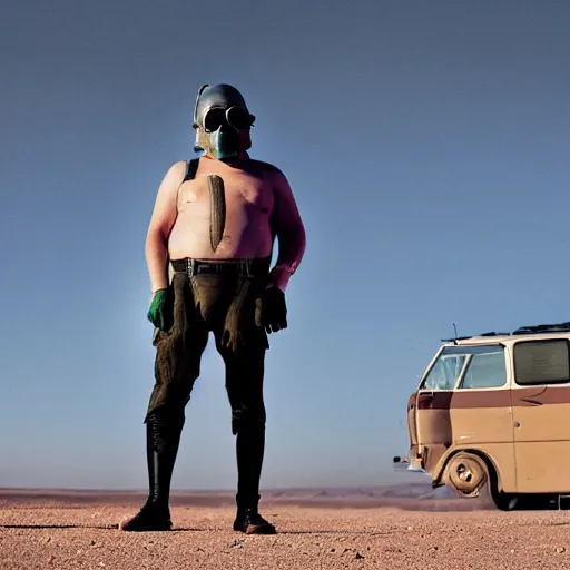 Prompt: A photo of Boris Johnson in a gas mask and underpants, Breaking Bad, New Mexico desert, cinematic lighting, RV