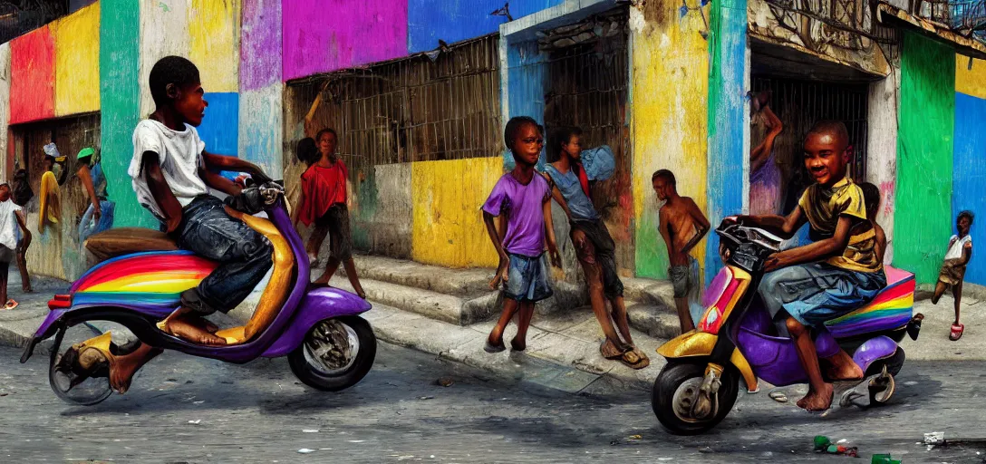Image similar to a young favela black boys, riding on the moped scooter, on the street of rio de janeiro favela, digital illustration by ruan jia on artstation, colorful, rainbow, sunlight, soft lighting, insanely detailed and intricate, hypermaximalist, elegant, ornate, hyper realistic, super detailed, by akihito yoshida, by bob byerley