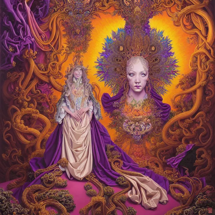 Image similar to beautiful oil painting, full length portrait of dauphinois in baroque coronation robes 1701, Dan Mumford, Dan Mumford, Alex grey, hyacinthe rigaurd, highly detailed , lsd visuals, dmt fractal patterns, hallucinogen, visionary art, psychedelic art, ornate, vaporwave, baroque, Greg rutkowski