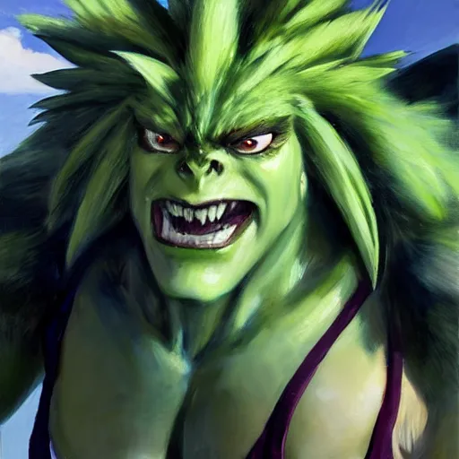 Image similar to greg manchess portrait painting of partially armored blanka from street fighter as overwatch character, medium shot, asymmetrical, profile picture, organic painting, sunny day, matte painting, bold shapes, hard edges, street art, trending on artstation, by huang guangjian and gil elvgren and gerald brom