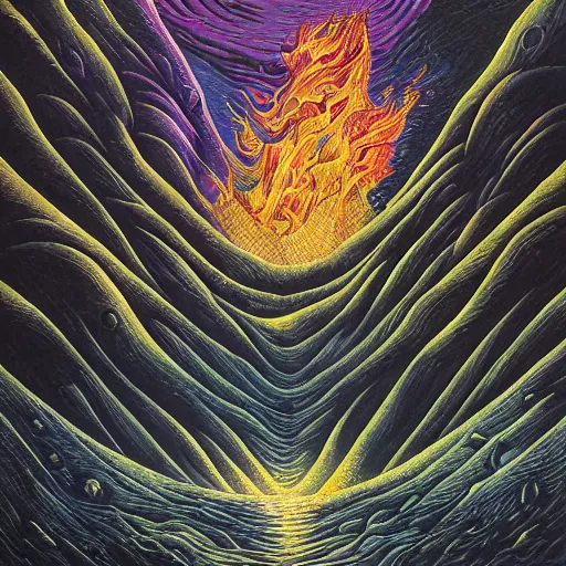 Image similar to water, fire, fog, surreal by dan mumford and umberto boccioni, oil on canvas