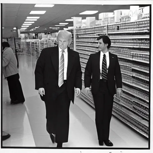 Prompt: Donald Trump working at Kmart in the 1980s, black and white photo,