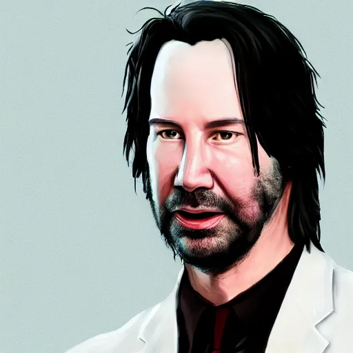 Prompt: A beautiful hyper realistic detailed concept art of fat Keanu Reeves wearing a dirty white blazer, center framing, soft focus, natural lighting, f2, 50mm, hasselblad, film grain, portrait lighting, light leaks