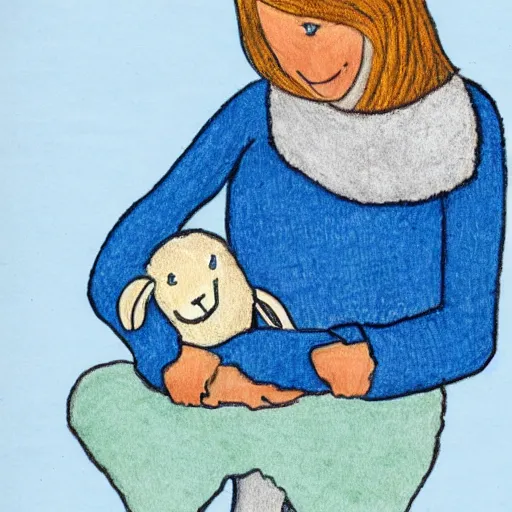 Prompt: a lamb with a blue knitted sweater hugging his mom, children's book drawing