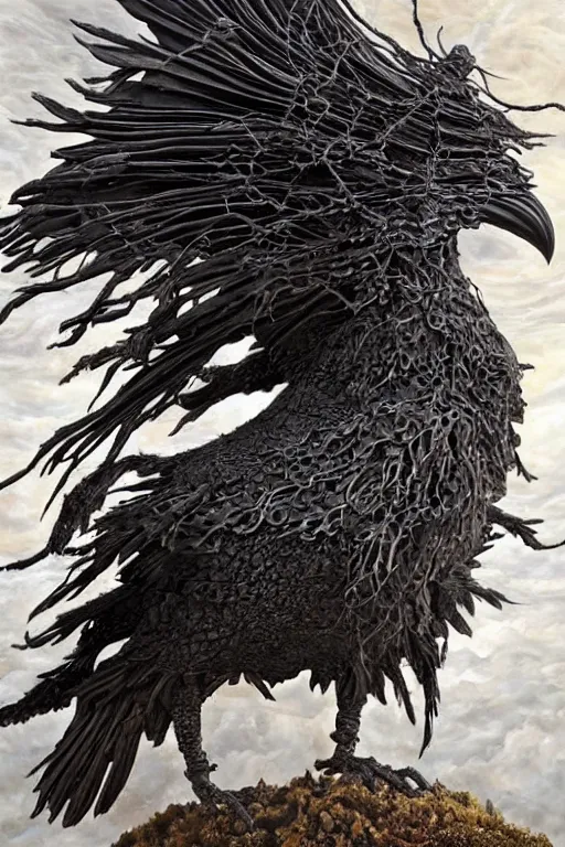 Prompt: Intricate stunning highly detailed raven by agostino arrivabene and Vladimir Kush, surreal metal sculpture, ultra realistic, Horror, dramatic lighting, full moon, blood moon, thick black swirling smoke tornado, burning fire embers