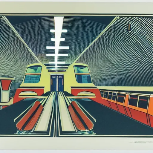 Prompt: a risograph print of a retro 70s sci-fi underground train station by Syd Mead and Gail Brodholt