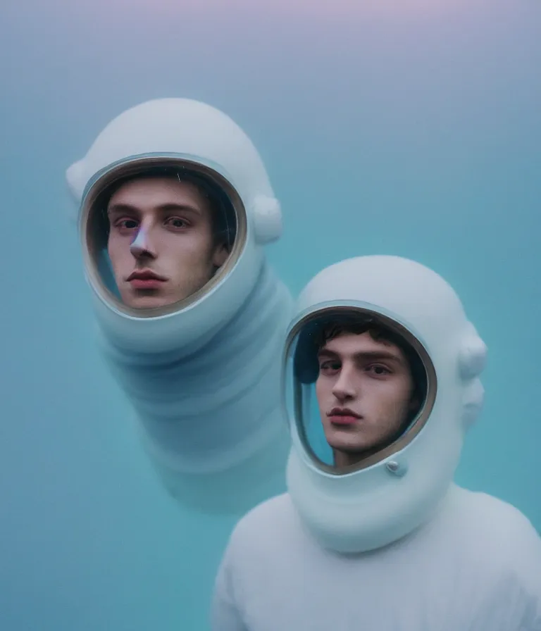 Image similar to high quality pastel coloured film portrait photograph of a beautiful twenty year young male, soft facial features, short hair, perspex space helmet and oversized inflated clothing!! icelandic black rock pool environment. atmospheric three point light. photographic. art directed. ( pastel colours ). volumetric. clearcoat. waves. 8 k. filmic.