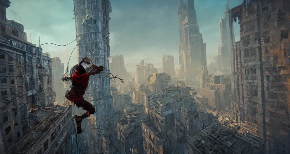 Image similar to an epic fantasy comic book style landscape painting of a hooded thief climbing a tall building with a city using a rope, unreal 5, daz, hyperrealistic, octane render, dynamic lighting