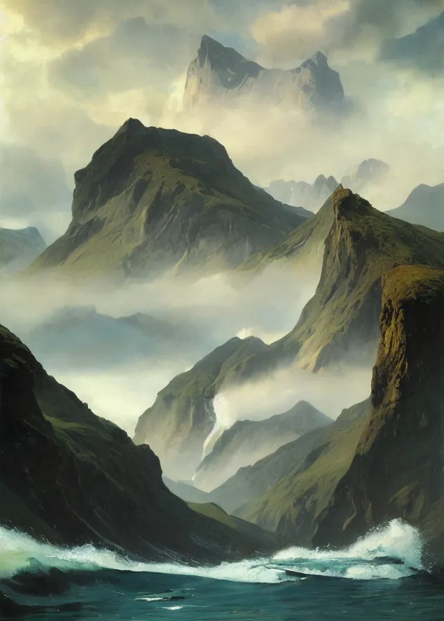 Prompt: fjord, sea monster, a long, narrow, deep tropical inlet of the pacific sea between high cliffs, extremely detailed oil painting, sargent and leyendecker, savrasov levitan polenov, bruce pennington, tim hildebrandt, digital art, landscape painting, trending on artstation, masterpiece