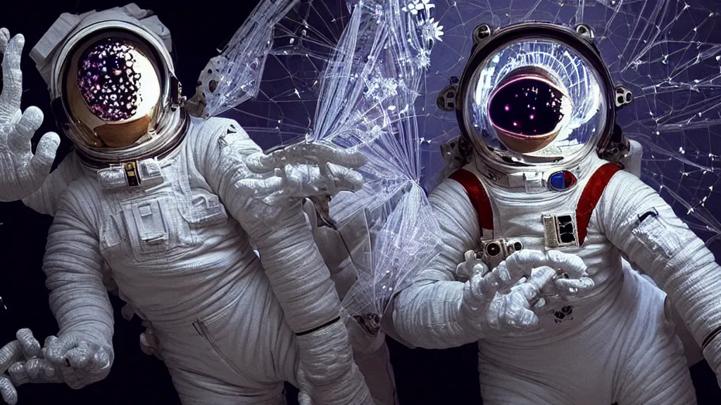 Image similar to a single astronaut eva suit made of diamond 3d fractal lace iridescent bubble 3d skin and covered with insectoid compound eye camera lenses floats through the living room, film still from the movie directed by Denis Villeneuve with art direction by Salvador Dalí, wide lens,