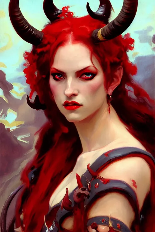 Image similar to painted close - up portrait of a attractive red - skinned intimidating demon girl with ram horns! oil painting, wearing a noblewoman's outfit, fantasy art by john singer sargent and gaston bussiere, and james jean and tyler edlin, demon noble character design, hd