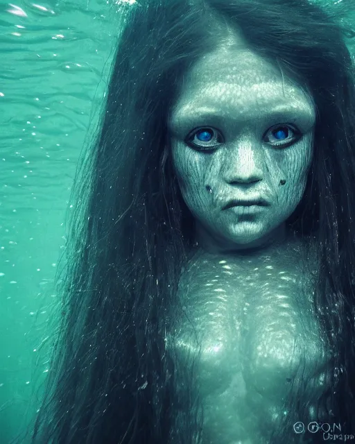 Prompt: detailed eyes, face of an underwater human descendant fishwoman, darkness, macro lens, very deep sea, mariana trench, dark, hd, dagon, fishpeople