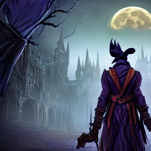 Image similar to an ultradetailed animation of the hunter from bloodborne dressed as darkwing duck, let's get dangerous, in the style animation of darkwing duck, digital art, dark fantasy, concept art, soulslike, by alphonse mucha, blood moon eclipse, wherewolves in a ruined building in the background, artstation, 8 k, unreal engine render