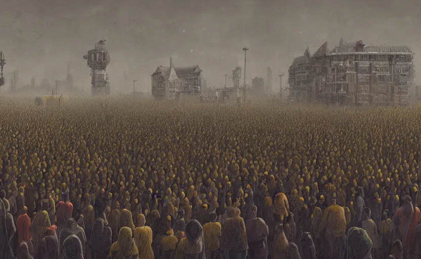 Image similar to an intricate matte painting of a crowd of people, by simon stalenhag, rust, yellow and black trim, trending on artstation, hdr, 8 k