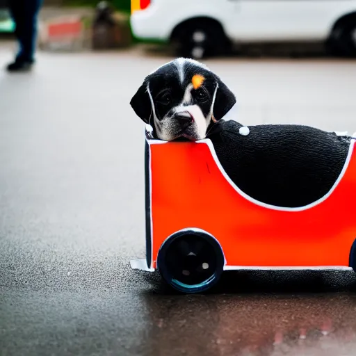 Image similar to a cute puppy wearing an ambulance costume, Canon EOS R3, f/1.4, ISO 200, 1/160s, 8K, RAW, unedited, symmetrical balance, in-frame