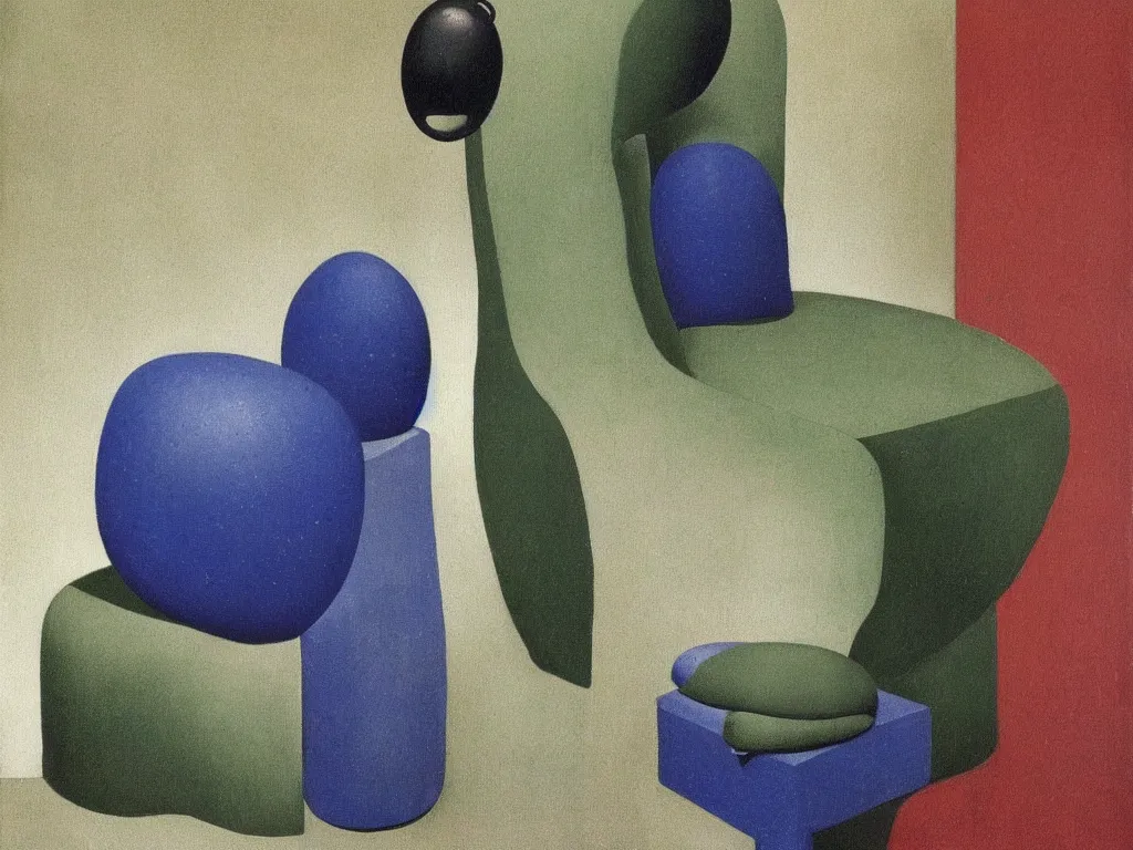 Prompt: stone round soft chair with primitive mask. lapis lazuli, malachite, cinnabar, earth brown. painting by rene magritte, karl blossfeldt, brancusi, agnes pelton