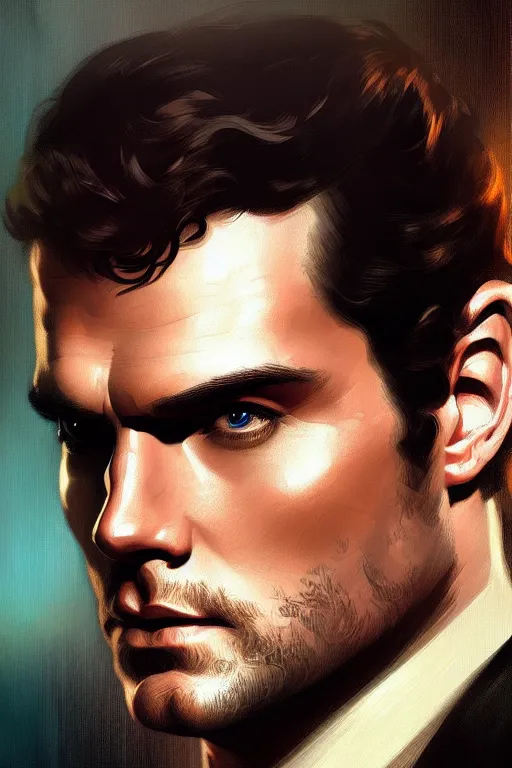 Image similar to portrait of henry cavill as james bond, highly detailed, digital painting, artstation, concept art, cinematic lighting, sharp focus, illustration, art by gaston bussiere and alphonse mucha