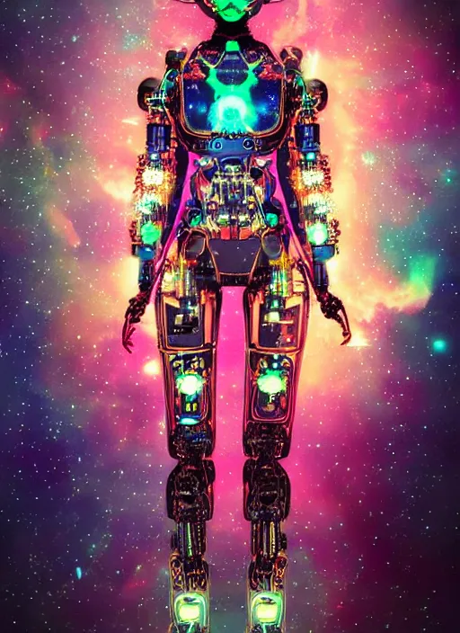 Prompt: intricate cyborg pilot girl with electromechanical robot parts, connected made of and covered with many colorful wires, featuring beautiful detailed machined crystal eyes glowing with nebula, background glowing game server powered by galaxies. backlit luminous shiny metallic