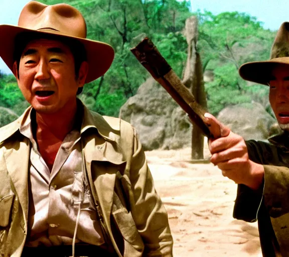 Prompt: a film still of shinzo abe in indiana jones raiders of the lost ark