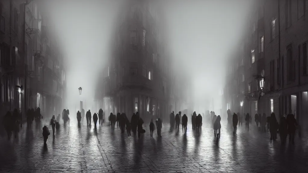 Prompt: a crowd of people on street of the old town with houses in the windows of which the light is on. early morning, fog on ground, wet street. mike barr painting. volumetric light, dull colors, dark, noir arthouse, 3 5 mm, hight detalied, hd, 4 k
