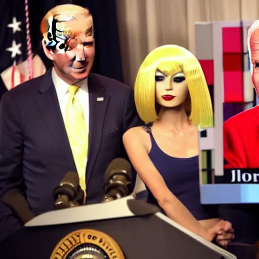 Image similar to photograph of a an alien wearing a blond wig and a red dress and ((Joe Biden)) at a press conference