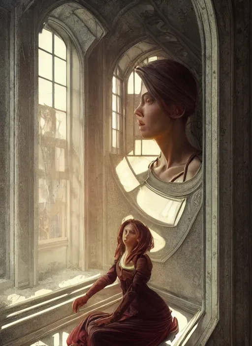 Image similar to perfectly - centered - portrait of a beautiful lady inside abandoned asylum, light comes from the window, intricate, highly detailed, digital painting, artstation, concept art, smooth, sharp focus, illustration, unreal engine 5, 8 k, art by artgerm and greg rutkowski and alphonse mucha