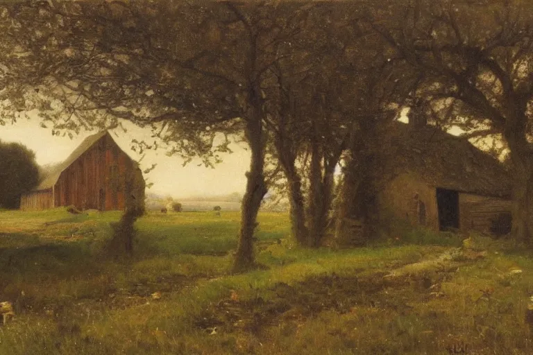 Image similar to a barn in the countryside, reamatic lighting, edward harrison compton