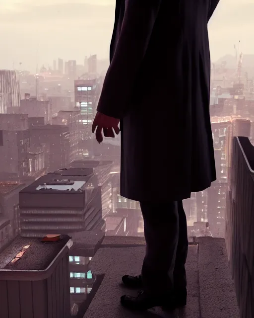 Image similar to a night rooftop scene, close up shot of a photorealistic gangster wearing a trench coat looking at the city below, unreal engine, hyper realism, realistic shading, cinematic composition