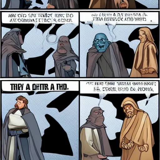 Prompt: a new star wars meme format with four panels, obi - wan kenobi, darth vader, yoda