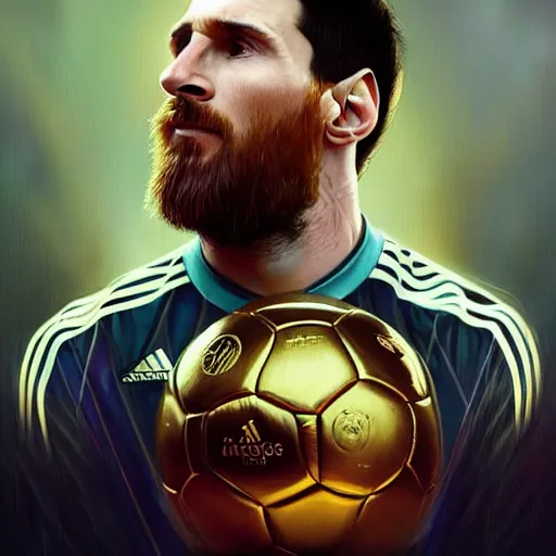 Image similar to Lionel Messi winning his 14th Ballon d'Or, D&D, intricate, elegant, highly detailed, digital painting, artstation, concept art, matte, sharp focus, illustration, art by Artgerm and Greg Rutkowski and Alphonse Mucha