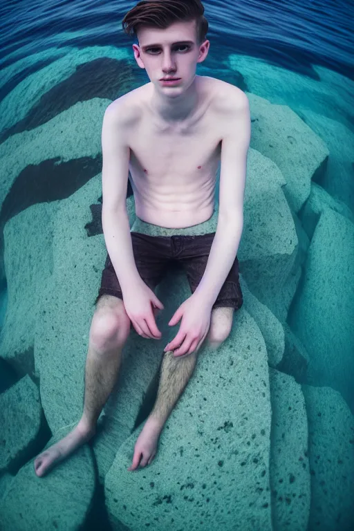 Image similar to high quality pastel coloured film mid angle docu photograph of a beautiful young 2 0 year old male, soft features, short black hair, floating in an icelandic black rock pool environment. atmospheric. three point light. photographic. art directed. ( pastel colours ). volumetric light. clearcoat. waves glitch. 8 k. filmic.