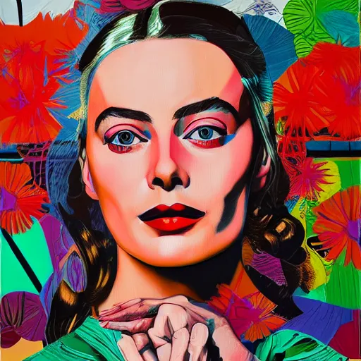 Prompt: detailed oil painting of margot robbie in detail with flowers by james jean, by andy warhol, by frida kahlo